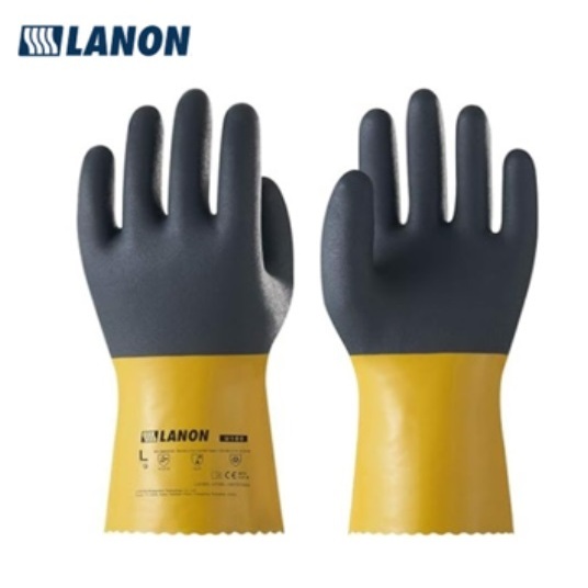 LANON U100PVC ถุงมือเคมี PVC ถุงมือทำงานอย่างหนา งานหนัก EN 374/388 กรด ด่างและน้ำมัน กันลื่น ขนาดให