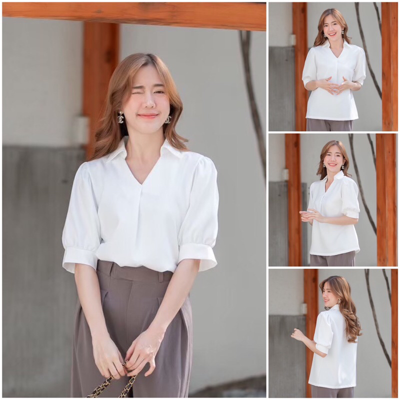 เสื้อคอวีปก ทรงแขนสามส่วนแต่งดีเทลแขนพอง
