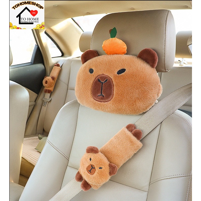 พร้อมส่ง เซ็ตหมอนรองคอในรถ คาปิบารา หัวส้ม capybara หมามะพร้าว และสายคาดเบลล์