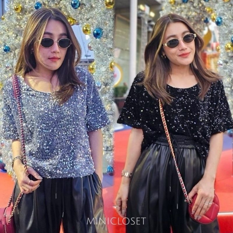 เสื้อแขนสั้นตัวโคร่งๆ​​ วิ้งๆ​ ใส่กลางคืน​วิบวับ​ เที่ยวคาเฟ่​ มี​ 3 สี ราคา ถูกที่สุด ดีลบีเคเค แกลเลอรีภาพที่ 2