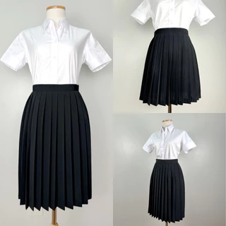 กระโปรงนิสิตนักศึกษาเอวตะขอ กระโปรงพลีสมีจีบ ผ้ามีน้ำหนัก สีดำ หลายไซส์ หลายความยาว ไซซ์23-34