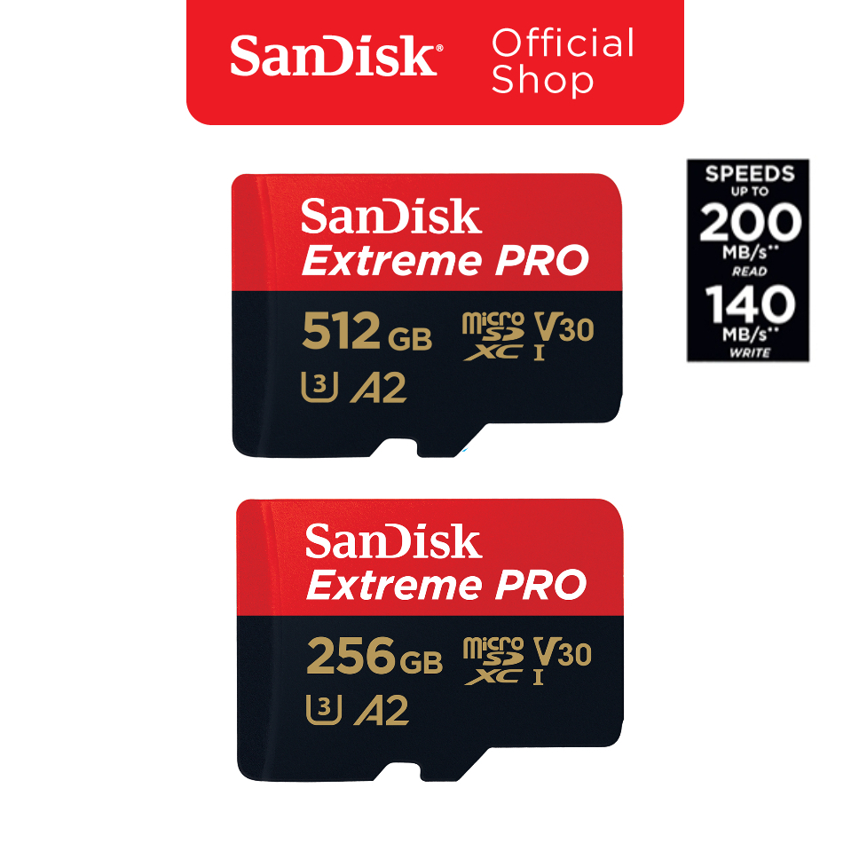 SanDisk Extreme Pro microSDXC 256GB / 512GB  A2 (SDSQXCD) ความเร็วสูงสุด อ่าน 200MB/s เขียน 140MB/s