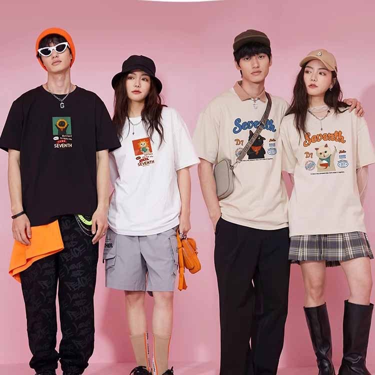 เสื้อยืดคู่แขนสั้นผู้ชายฤดูร้อนปี ชุดคู่ใหม่พร้อมรูปแมว