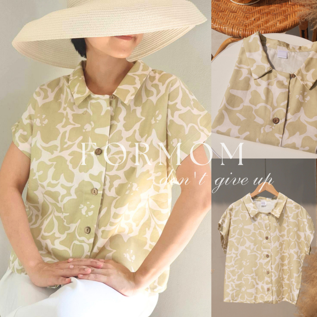 FLOWER 04 เสื้อผ้าคอตตอนพิมพ์ลายดอกไม้คอปกสีเขียว