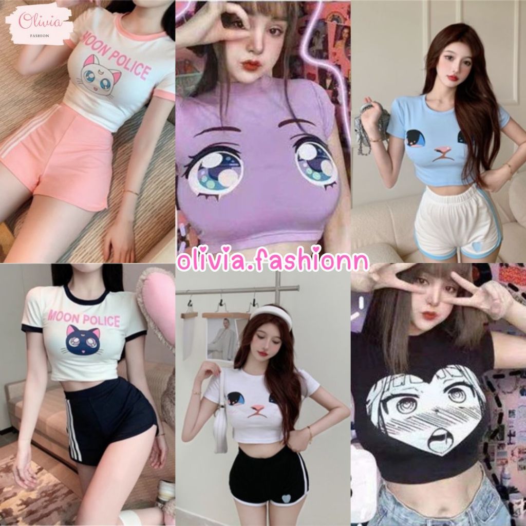🍓Olivia🍓 เสื้อยืดคอกลม รัดรูปนมโต ครอปเอวลอย ผ้านิ่มยืด ใส่สบาย #A34