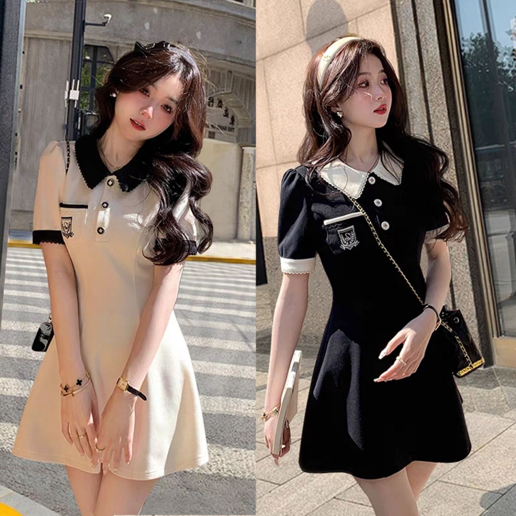 （ใหม่）สีดำชุดกระโปรง เต็มความแซ่บ มหาวิทยาลัยคอปกโปโลเข้ารูป เดรสลำลองทรงสลิม