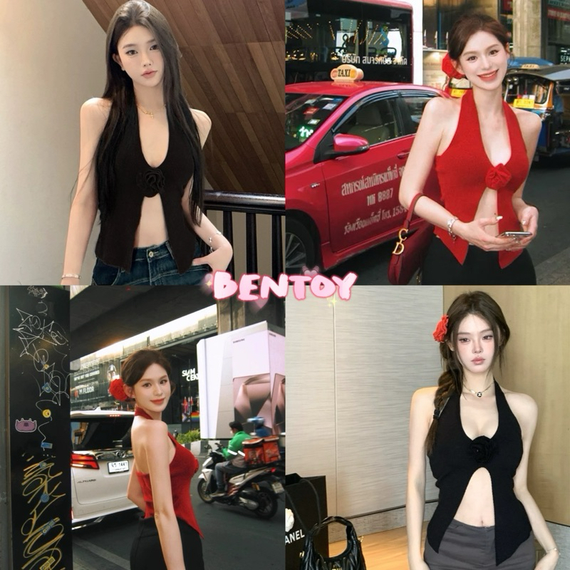 Bentoy(18040)เสื้อไหมพรมแขนกุด แต่งดอกใหญ่หน้าอก หน้าวี เซ็กซี่ สาวแซ่บห้ามพลาด