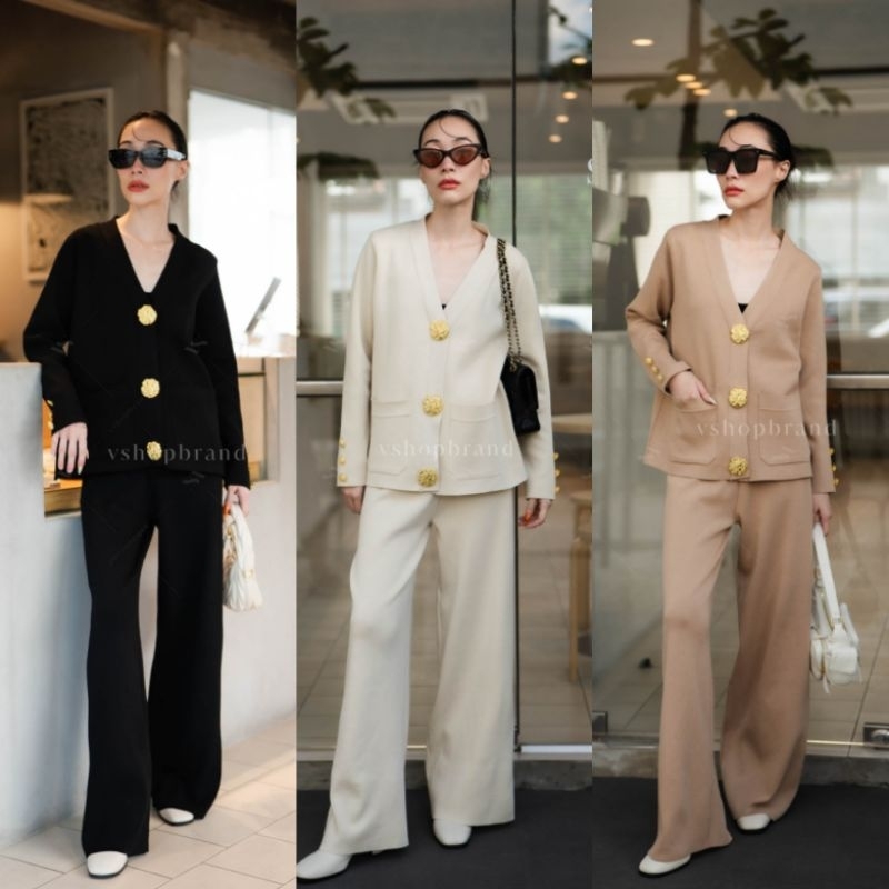 เซตไหมพรม 2 ชิ้น​ เสื้อคลุมคาร์ดิแกนกระดุมทองใหญ่+กางเกงขายาว VSHOP