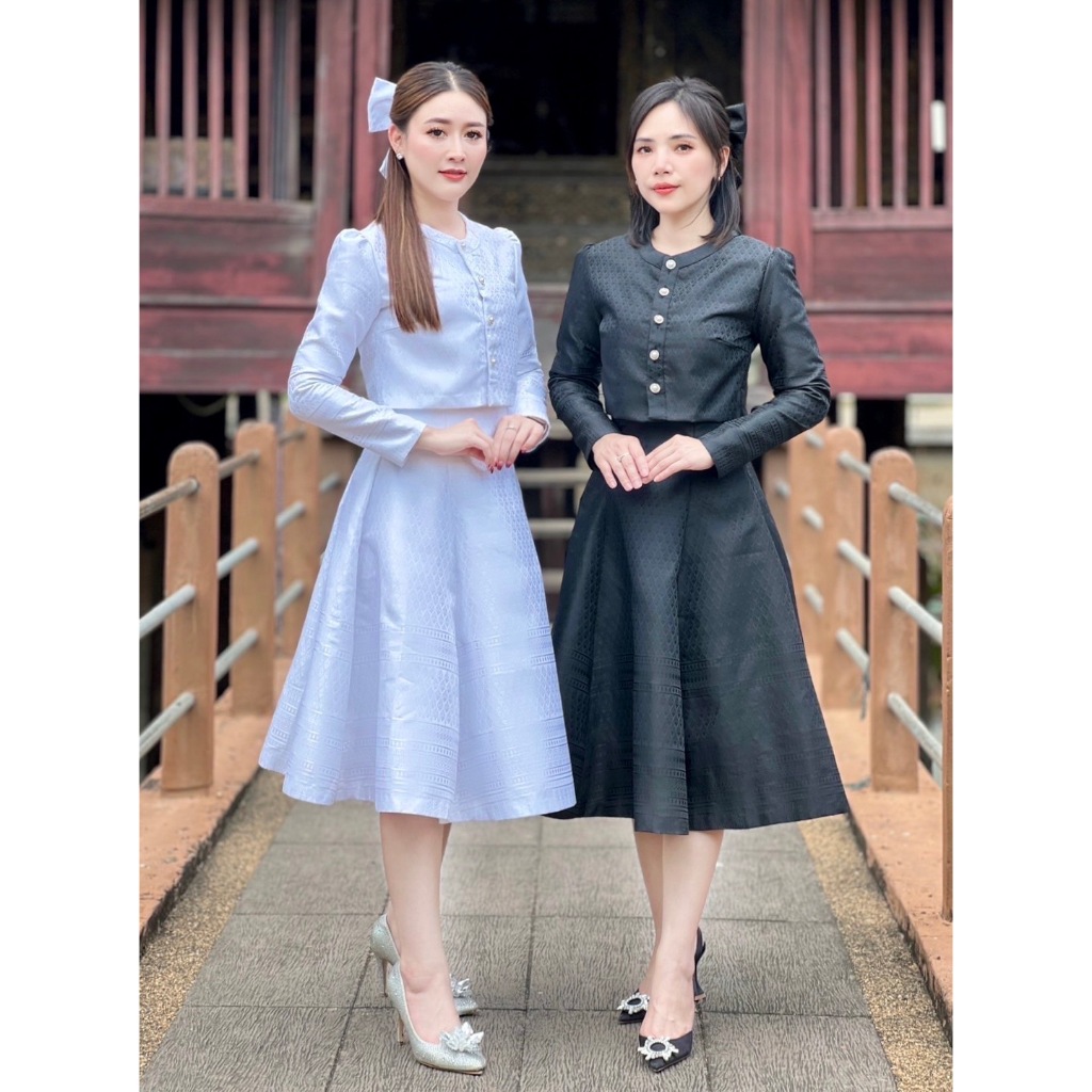 ชุดขาวดำ ใบโพธิ์เล็ก (เสื้อ กระโปรง สั่งแยกนะคะ) ชุดไทยสีขาว ชุดไทยสีดำ ใส่ไปวัด ทำบุญ งานพิธี แยกไซส์ได้