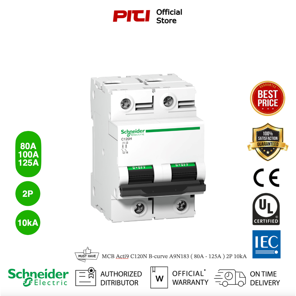 Schneider MCB A9N18346 100A 2P C120N B-curve Acti9 Miniature Circuit Breaker เซอร์กิตเบรกเกอร์