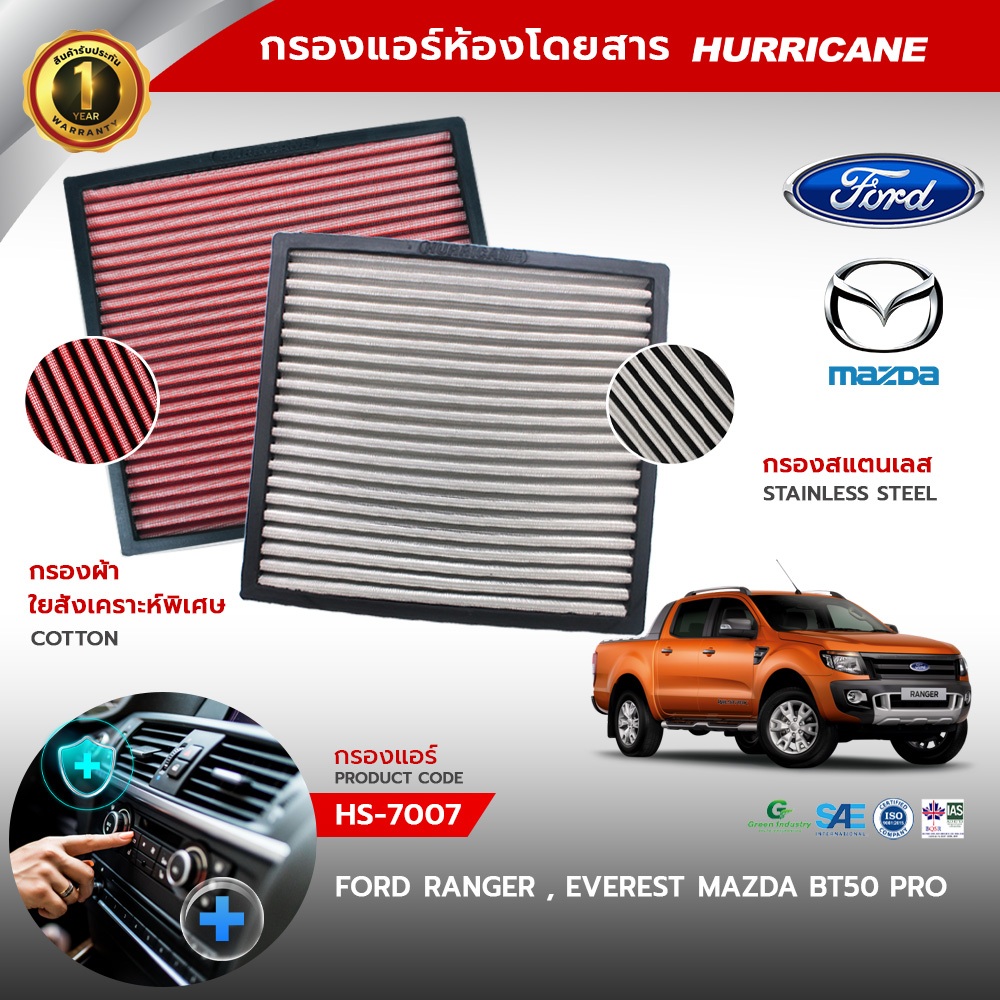 HURRICANE กรองแอร์ผ้าแดง & สแตนเลส Ford ( Ranger , Everest ) Mazda ( BT50 Pro ) HS-7007