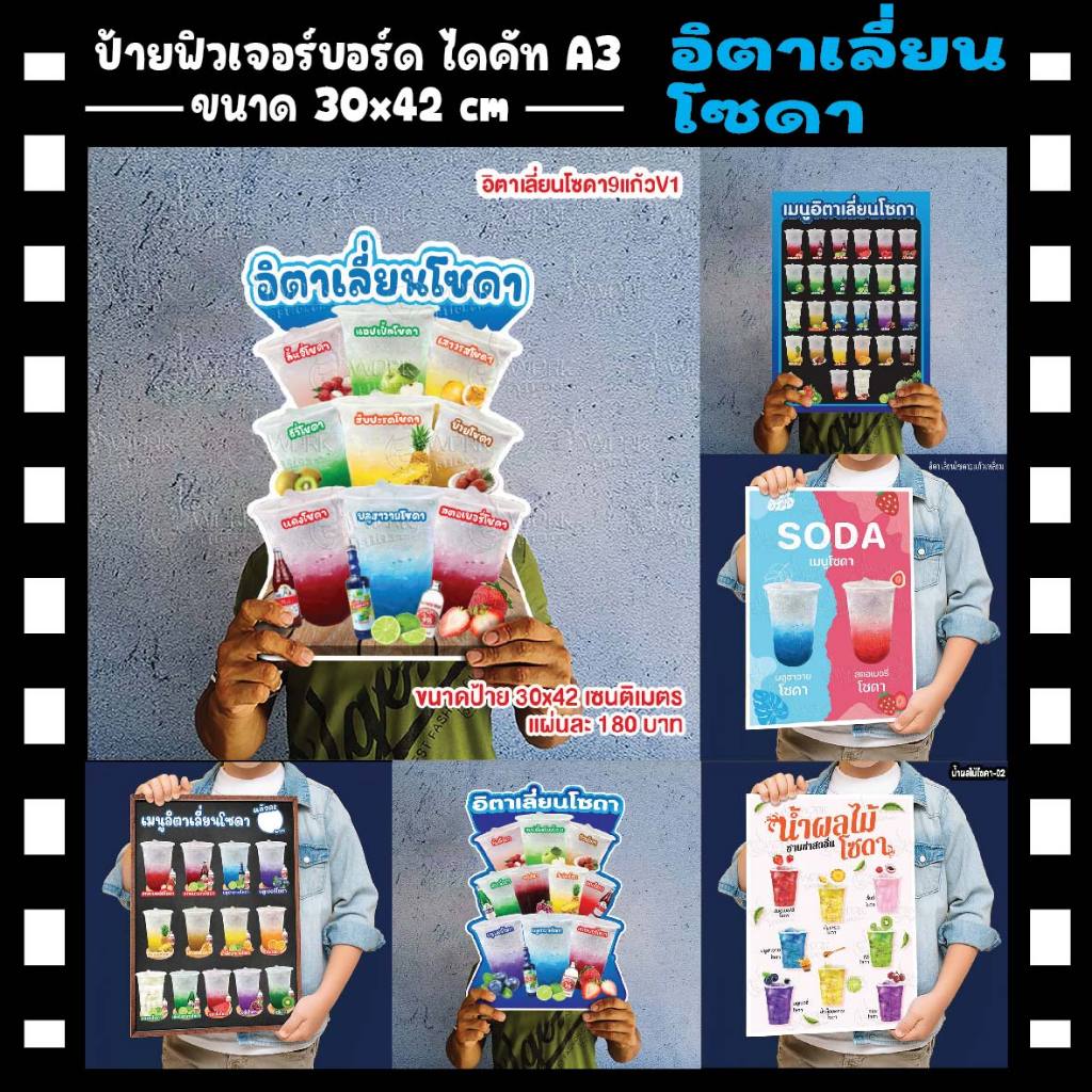 ป้ายอิตาเลี่ยนโซดา ป้ายผลไม้โซดา น้ำอัดลมโบราณ ขนาดแนะนำ (A3)  ขนาด 30x42 ซม. ฟิว4มิล