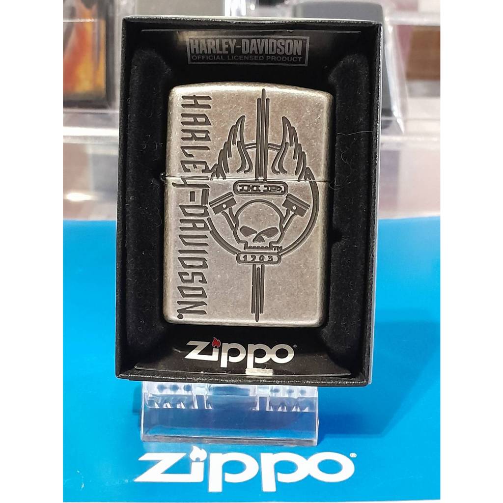 ZIPPO 29280  HARLEY DAVIDSON  SILVER PLATE ANTIQUE ARMOR CASE DEEP CARVE  ผิวชุบเงินแท้ ถังนอกหนาพิเ