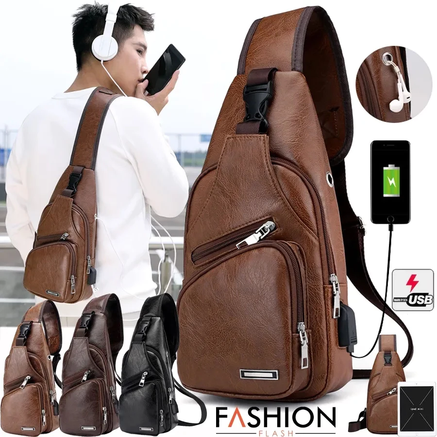 กระเป๋าสะพายหนังผู้ชายกระเป๋า กระเป๋าหน้าอก USB ชาร์จหลุมหูฟังภายนอก PU Leather Men Bag