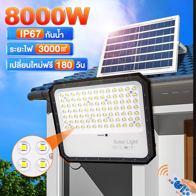 【กำลังไฟที่แท้จริง】 ไฟโซล่าเซลล์ โซลาร์เซลล์ 8000W Solar Light ไฟพลังงานแสงอาทิตย์ ไฟถนน กันน้ำIP67 ไฟสปอตไลท์