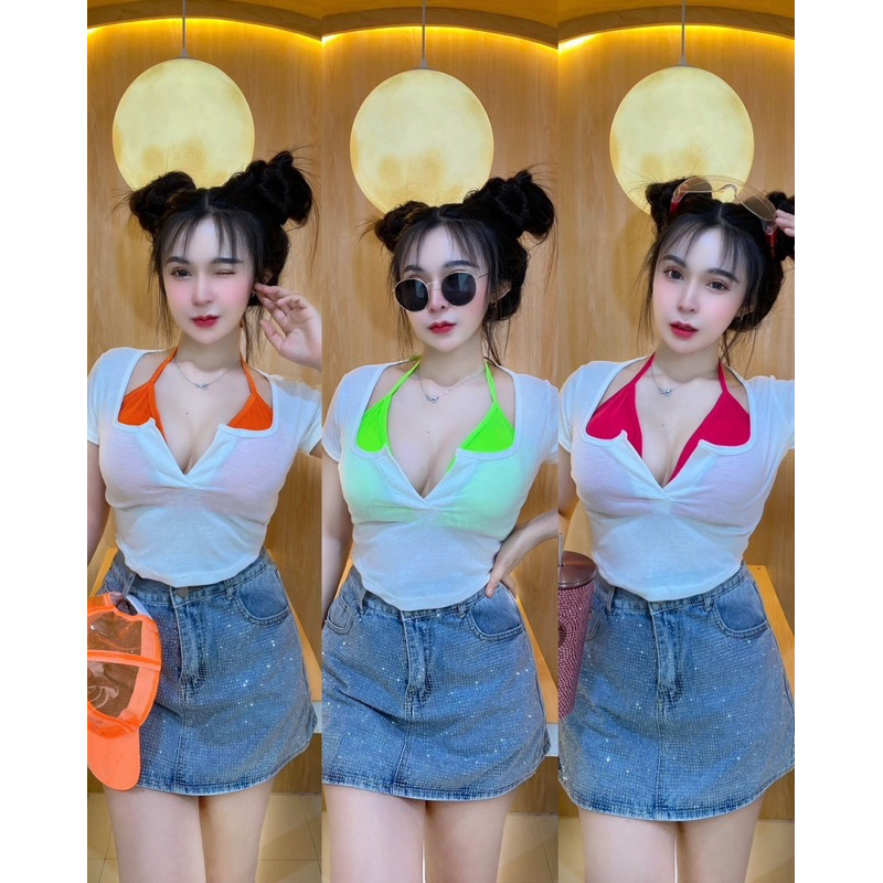 OT ชุดใส่เล่นสงกรานต์ บราผูกหลังคล้องคอสีนีออนมีฟองน้ำ + เสื้อครอปแขนสั้นเว้าอก น่ารักมากๆ