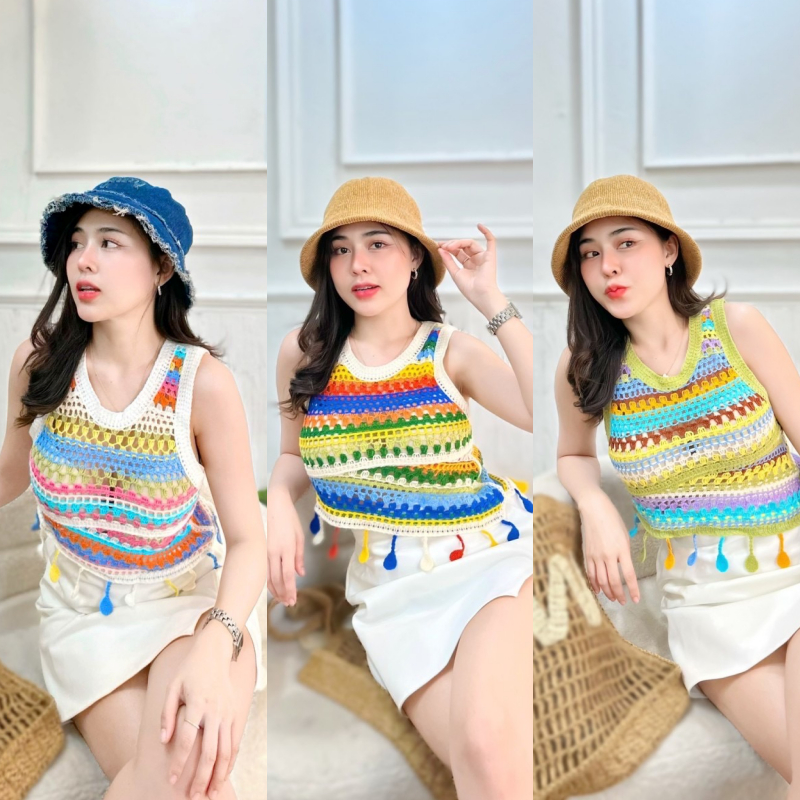 ครอปเสื้อกล้าม ผ้าด้ายถักทอสลับสี สาวอวบใส่ได้ ใส่เล่นน้ำ เล่นสงกรานต์ ชายเสื้อแต่งตุ้งติ้ง รุ่น ริมน้ำ