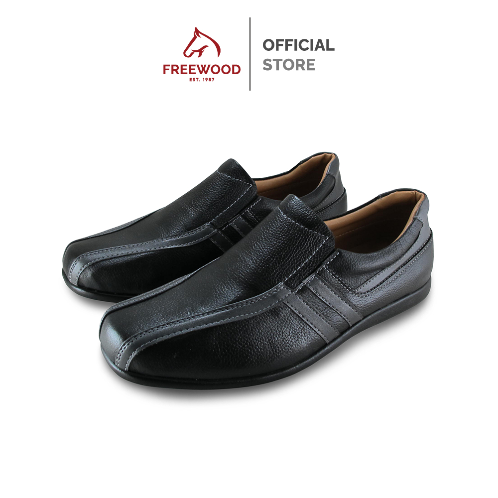 FREEWOOD CASUAL SHOES รองเท้าลำลองผู้ชาย หนังแท้ รุ่น 79-613 สีดำ ( BLACK )