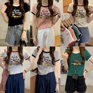 เสื้อครอปแขนสั้นรัดรูปสวยๆผู้หญิงฤดูร้อนใหม่ เสื้อผ้าแฟชั่นสาวอวบมินิมอลสไตล์เกาหลี เสื้อยืดที่กําลังฮิต ผ้ายืดใส่สบาย