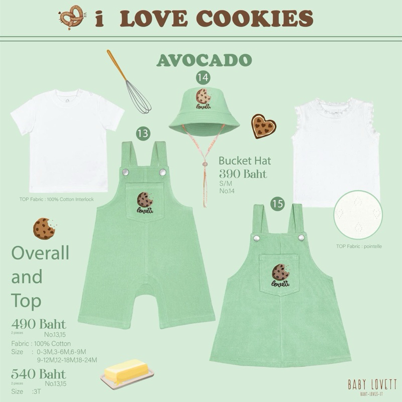 (Used ใส่น้อย) Baby Lovett : I Love Cookies - เอี๊ยมลูกชาย 9-12 + หมวก M สี อโวคาโด้ 🥑