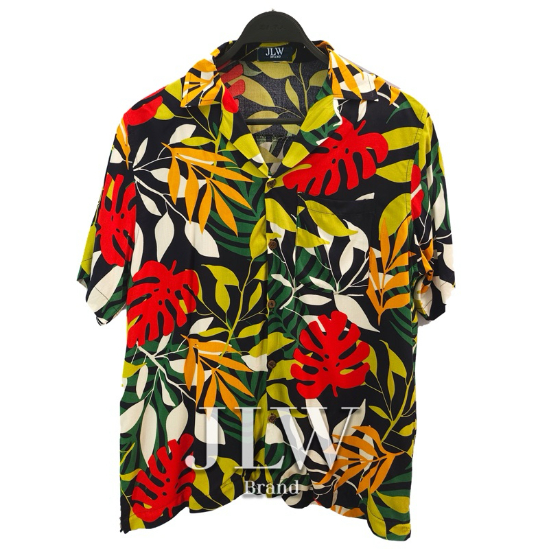 เสื้อฮาวาย ลายใบไม้รวม ดำแดง