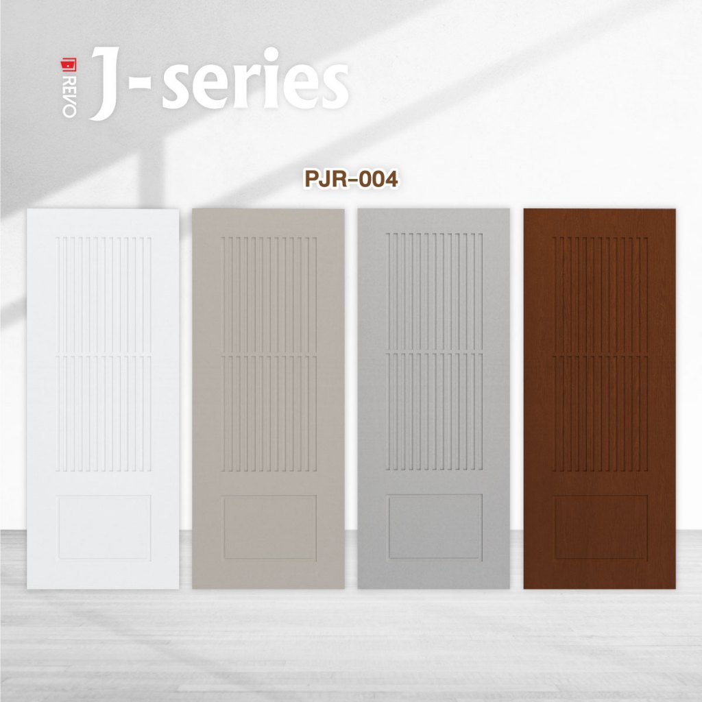 ส่งฟรี ประตูโมเดิร์น ประตู uPVC รุ่น PJR-004 ผิวเสี้ยนไม้ เซาะร่อง Vacuum ประตูภายนอกกันน้ำ  Polywood  ประตูกันน้ำ