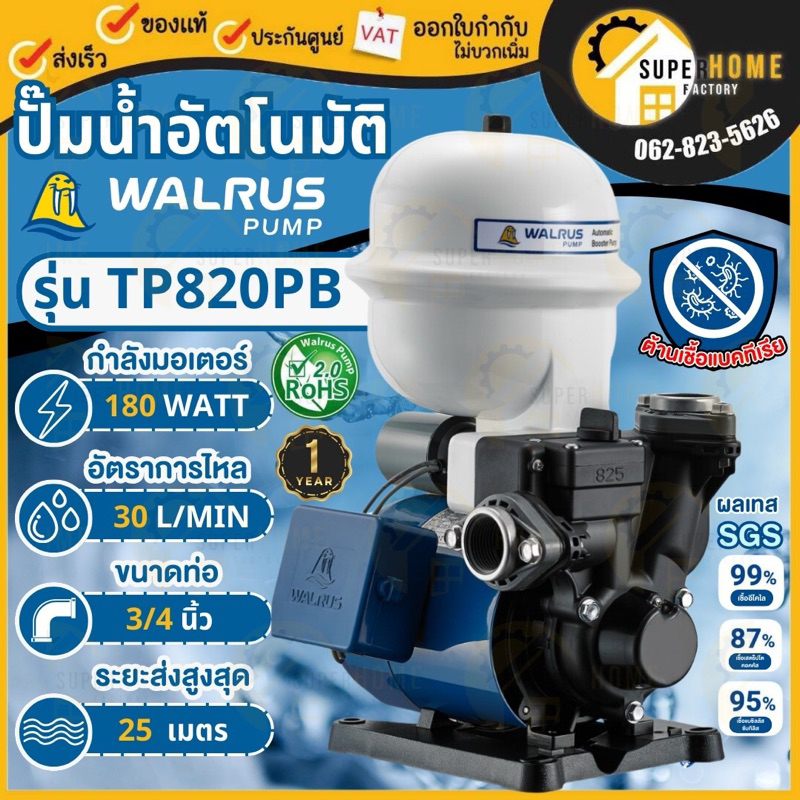 WALRUS PUMP รุ่น TP820PB กำลัง180w ส่งสูง 25 เมาตร ปั๊มน้ำอัตโนมัติ ท่อ3/4นิ้ว ขดลวดทองแดงแท้