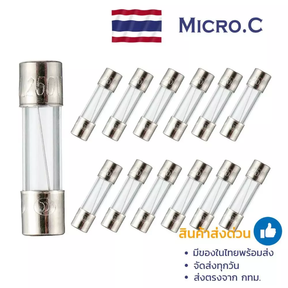 ฟิวส์หลอดแก้ว ขนาด 5x20 250V 0.25A 0.5A 1A 2A 3A 5A 8A 10A 15A 20A (1 ชิ้น)