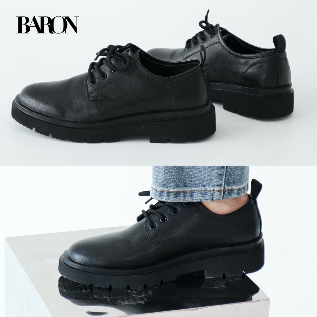 BARON MATT Black Leather Shoes รองเท้าหนังวัวหัวมน มีเชือกผูก รองเท้าคัชชูผู้ชาย