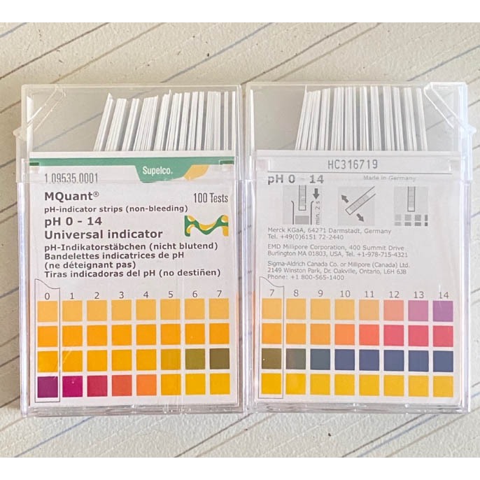 pH indicator paper 0-14 กระดาษวัดค่า พีเอช 1กล่องมี 100 ชิ้น​ ยี่ห้อ Merck ประเทศเยอรมัน