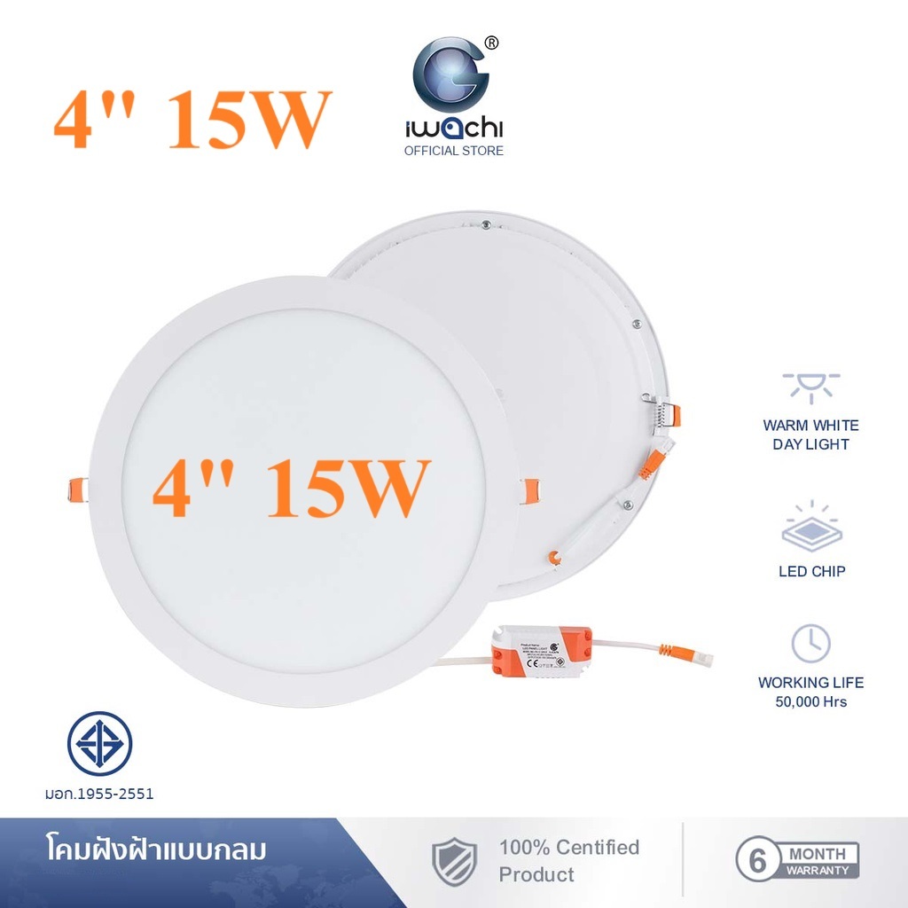 IWACHI โคมฝังฝ้า 4" 15W ทรงกลม IWC-PANEL-4-15W-R แสงขาวและแสงวอร์มไวท์