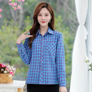 สินค้าพร้อมส่ง เสื้อเชิ้ตผู้หญิงลายสก๊อตผู้หญิงแขนยาวแฟชั่นระบายอากาศสบาย