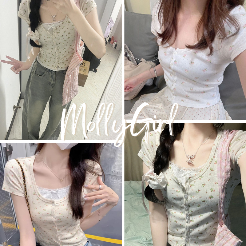 Mollygirl เสื้อครอปแขนสั้น กระดุมใช้งานได้จริง คอลใหม่