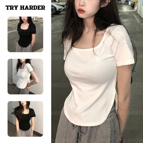 TRY HARDER เสื้อแขนสั้นแฟชั่น สไตล์เกาหลี เซ็กซี่<แบบบาง> ใส่สบาย ไม่ร้อน *พร้อมส่ง*