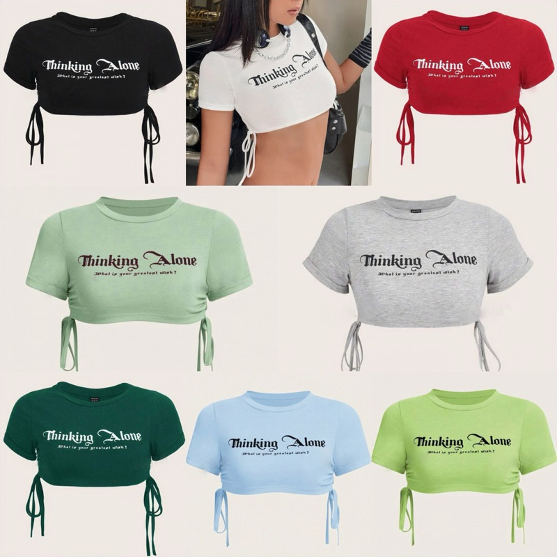 เสื้อยืดตัวสั้นปิดแค่นม รูดเชือก 2 ข้าง สายฝอ สายY2K ถูกใจสิ่งนี้