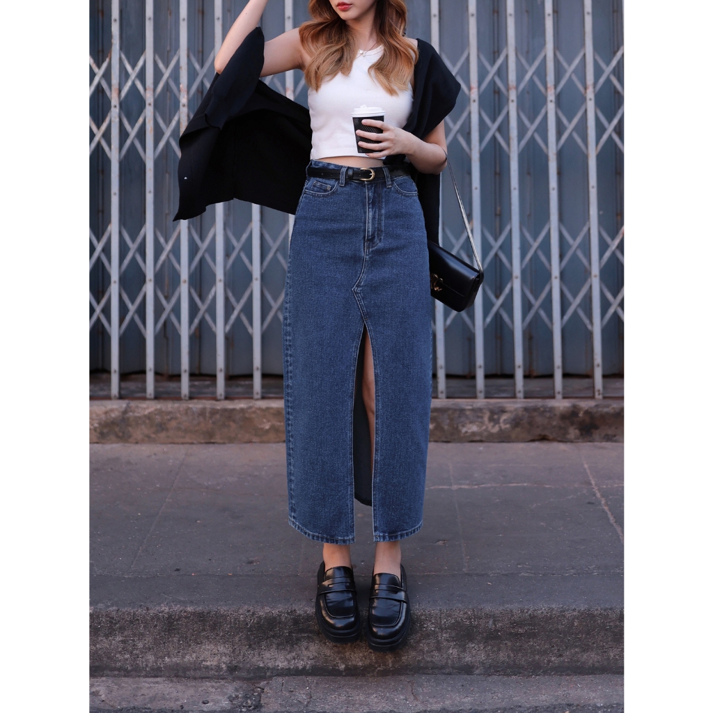 N7059 CUT OFF FRONT-SLIT DENIM SKIRT IN BLUE STONE WASH - NUMBERSEVEN
