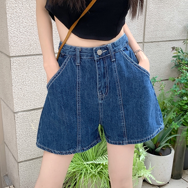 GHAOHES กางเกงยีนส์ขาสั้นสีน้ำเงินเข้ม S-4XL เอวสูงย้อนยุคทรงเอสำหรับคนตัวเล็ก ไม่ยืดหยุ่น