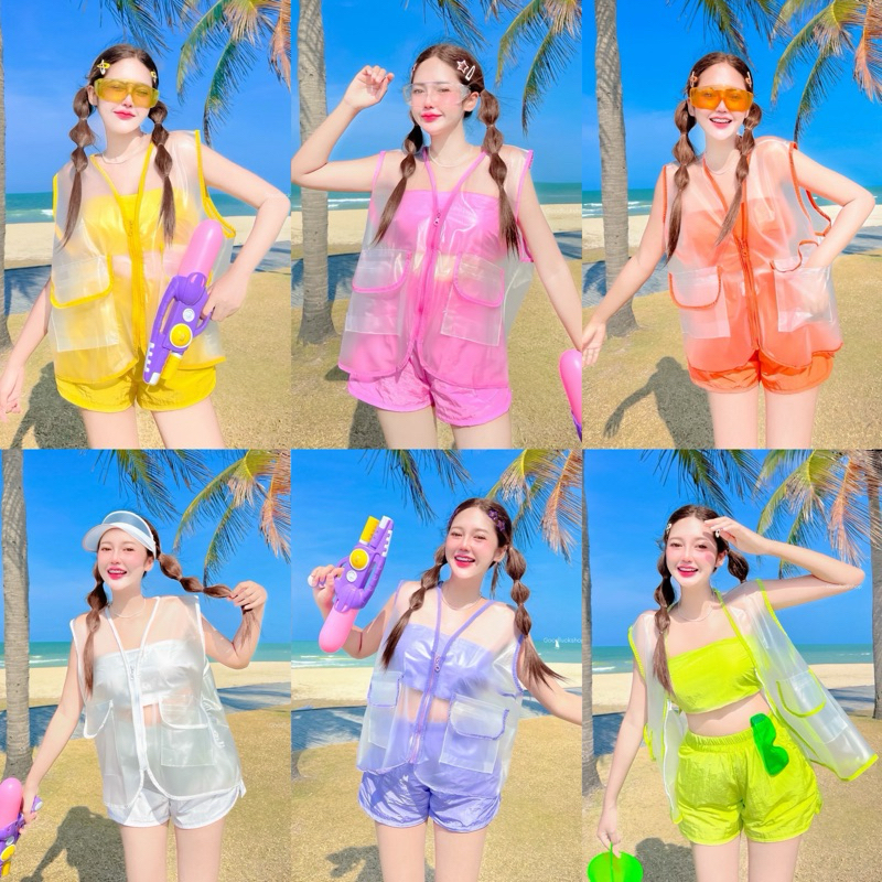 Teera❤️พร้อมส่ง✨Set3ชิ้น สงกรานต์🌈คัลเลอร์ฟูเดย์ ชุดเล่นน้ำ เกาะอก+กางเกง+ผ้าคลุมกันน้ำ goodluck