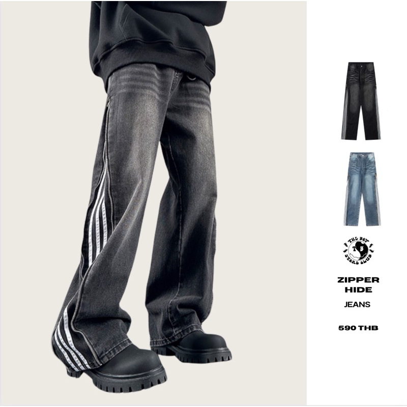 (สินค้ามีตำหนิ)THEBOY-ZIPPER HIDE JEANS กางเกงยีนส์ซิปรูดทรงกระบอกตรง