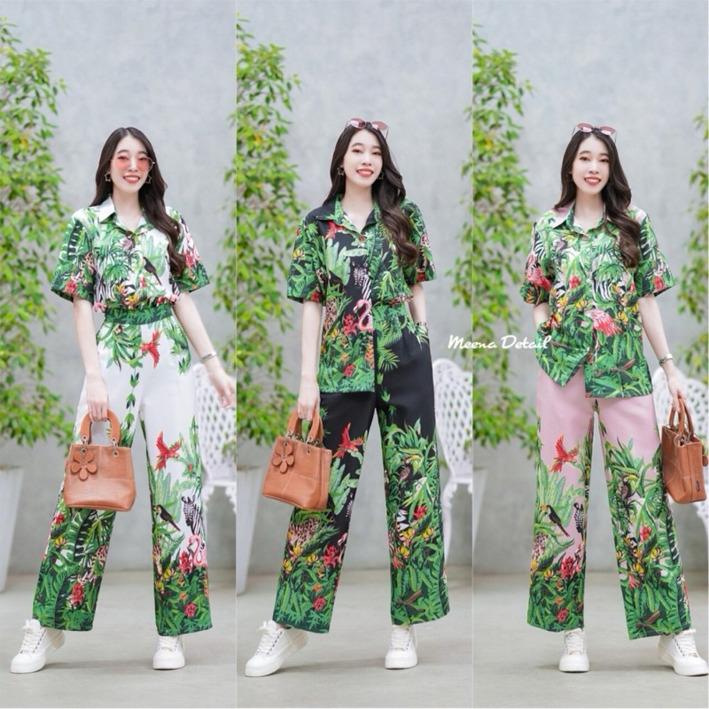 🌿🦩เสื้อเชิ้ตฮาวายแขนสั้นลายซาฟารี ติดกระดุมด้านหน้า + กางเกงขายาว