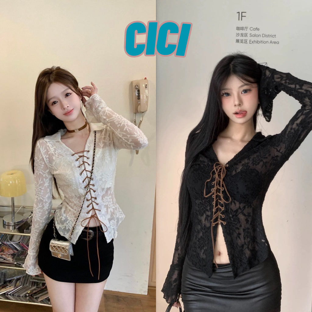 Cici(NO.Y6011)เสื้อแขนยาวคอปก แขนกระดิ่ง พิมพ์ลายลูกไม้เข้ารูป