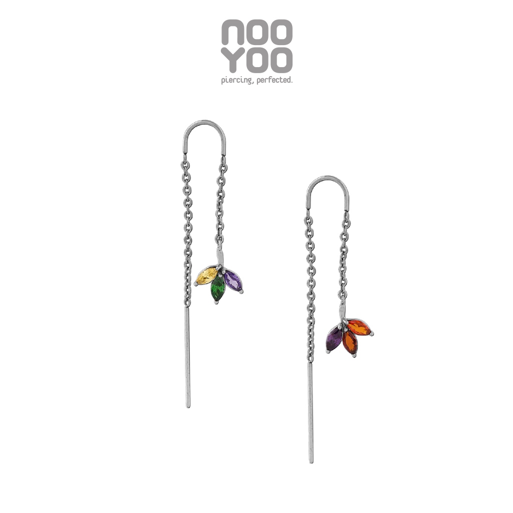 NooYoo ต่างหูสำหรับผิวแพ้ง่าย COLORFUL Half Hoop Ring with Dangling Leaf Surgical Steel
