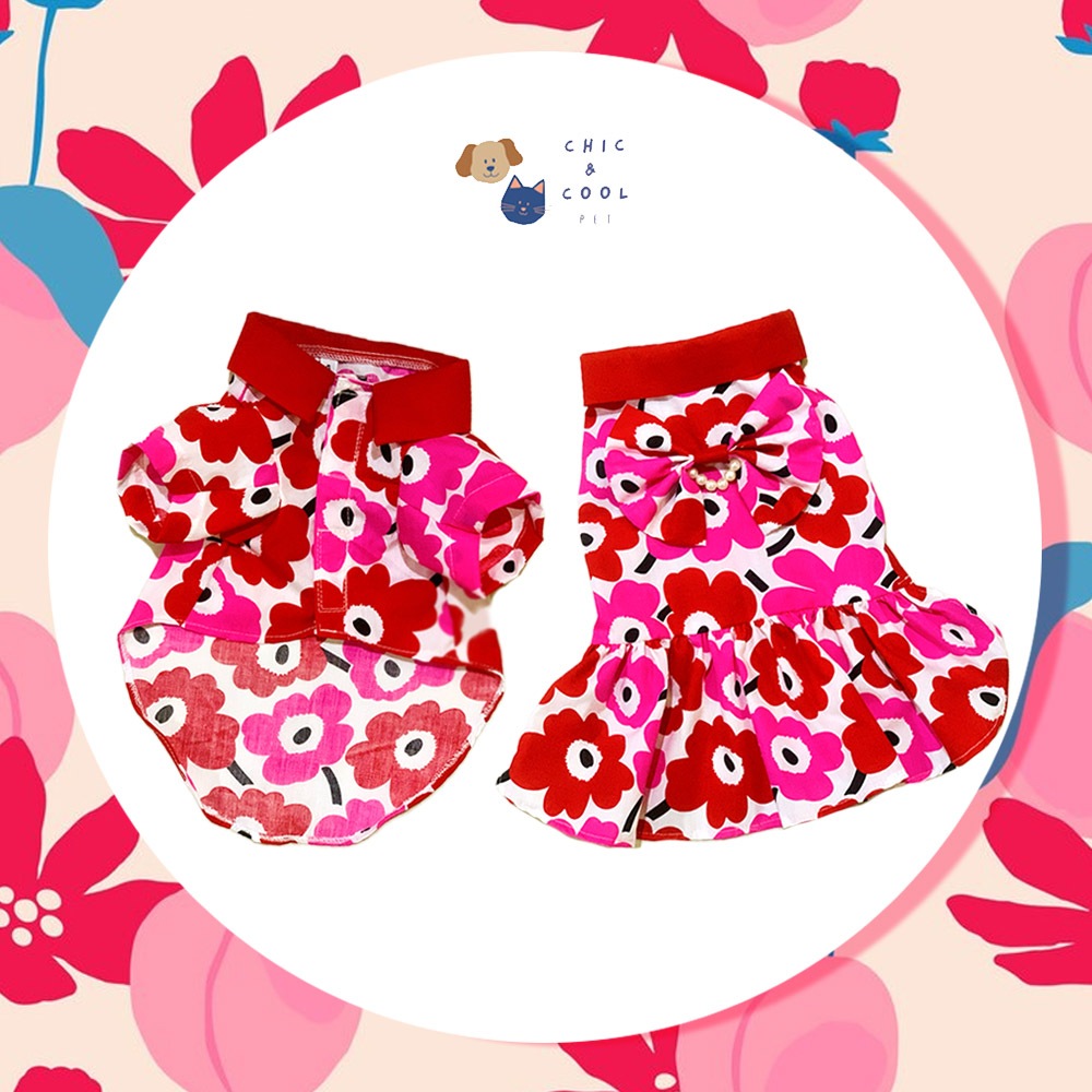 ชุดคู่หมาแมว เสื้อหมา เสื้อแมว ชุดเดรสหมาแมว ลายดอกไม้สีแดง