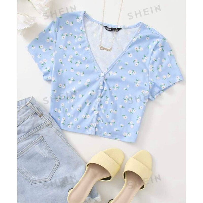 พร้อมส่ง เสื้อยืดครอปสาวอวบลายดอกไม้สาวพลัสไซร์