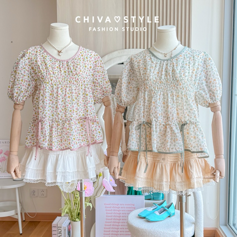 -𝐂𝐡𝐢𝐯𝐚- พร้อมส่ง เสื้อแขนตุ๊กตาพิมพ์ลายดอก ผ้ายับ