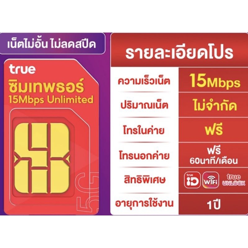 [ส่งฟรี] ซิมรายปี ซิมเทพ ซิมทรู 15mbps , 6mbps ไม่อั้น โทรฟรีในเครือข่าย 1 ปี  ซิมถูกที่สุด