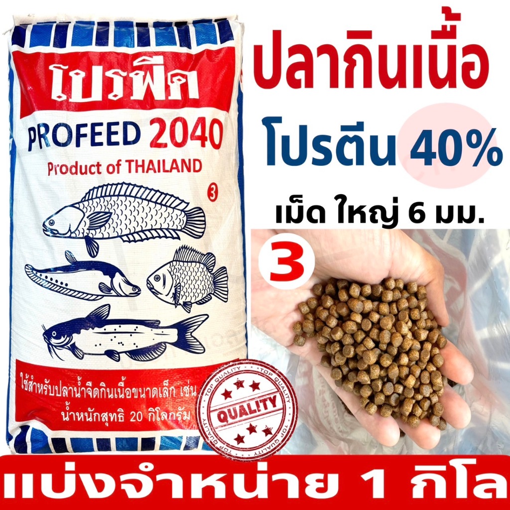 ProFeed อาหารปลากินเนื้อ โปรฟีด 2040 ( เบอร์ 3 ) โปรตีน 40% เม็ดใหญ่ แบ่ง 1 kg.