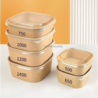 DEDEE กล่องกระดาษคราฟท์สี่เหลี่ยมจตุรัสใส่อาหารพร้อมฝาPET(50ชุด)ขนาด650ml/750ml/1000ml/1200ml/1400ml