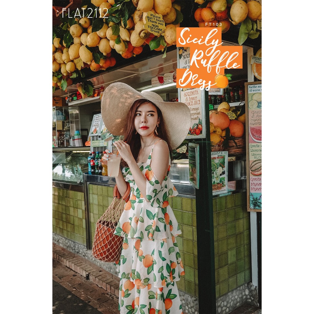 (New) Flat2112 เดรสยาว Maxi dress ผูกโบว์พิมพ์ลายส้ม Sicily Ruffle Dress