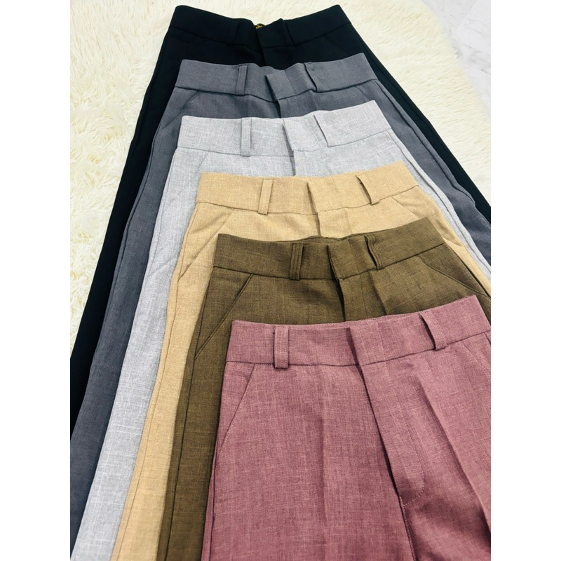 กางเกงขายาวทรงขากระบอกเล็ก ผ้าโซดา (มีลายในตัว) เอวสูง ปิดสะดือ พรางหุ่น ตะขอหน้า แต่งหูเข็มขัด (สีดำไม่มีลาย) - รูปที่ 6